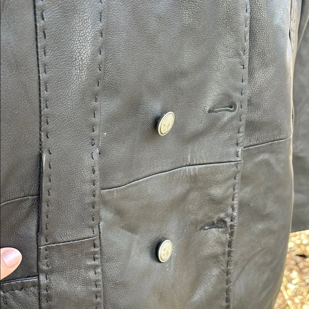 Vakko Black Leather Trench Coat Full-Length Tailored